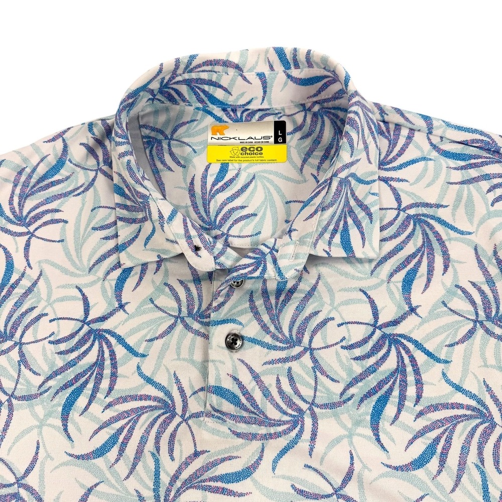 Nicklaus Golf Polo Shirt Mens Large Blue Palm Leaf Print Eco Choice Stretch Work